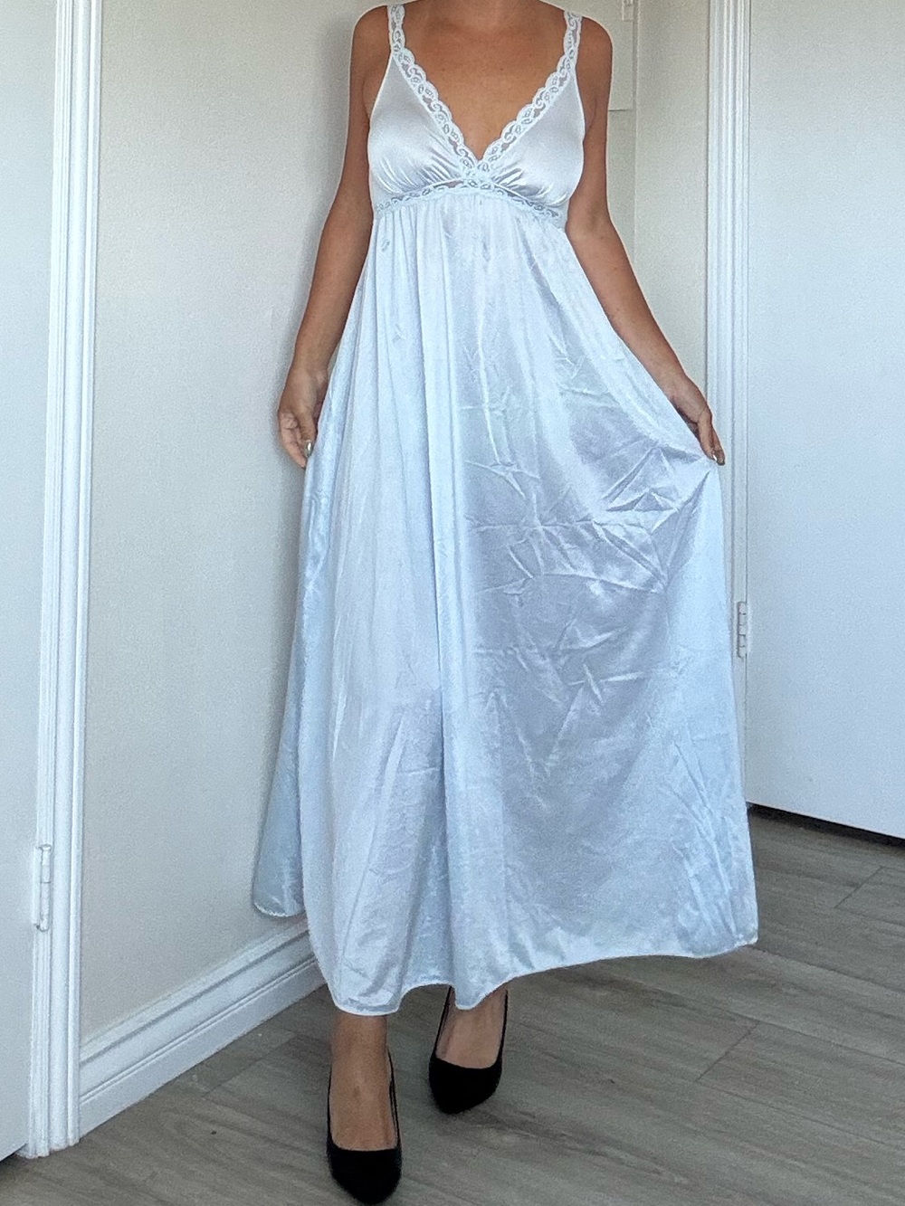 Olga Vintage Lace-Trim Maxi Slip Dress Nightgown Light blue